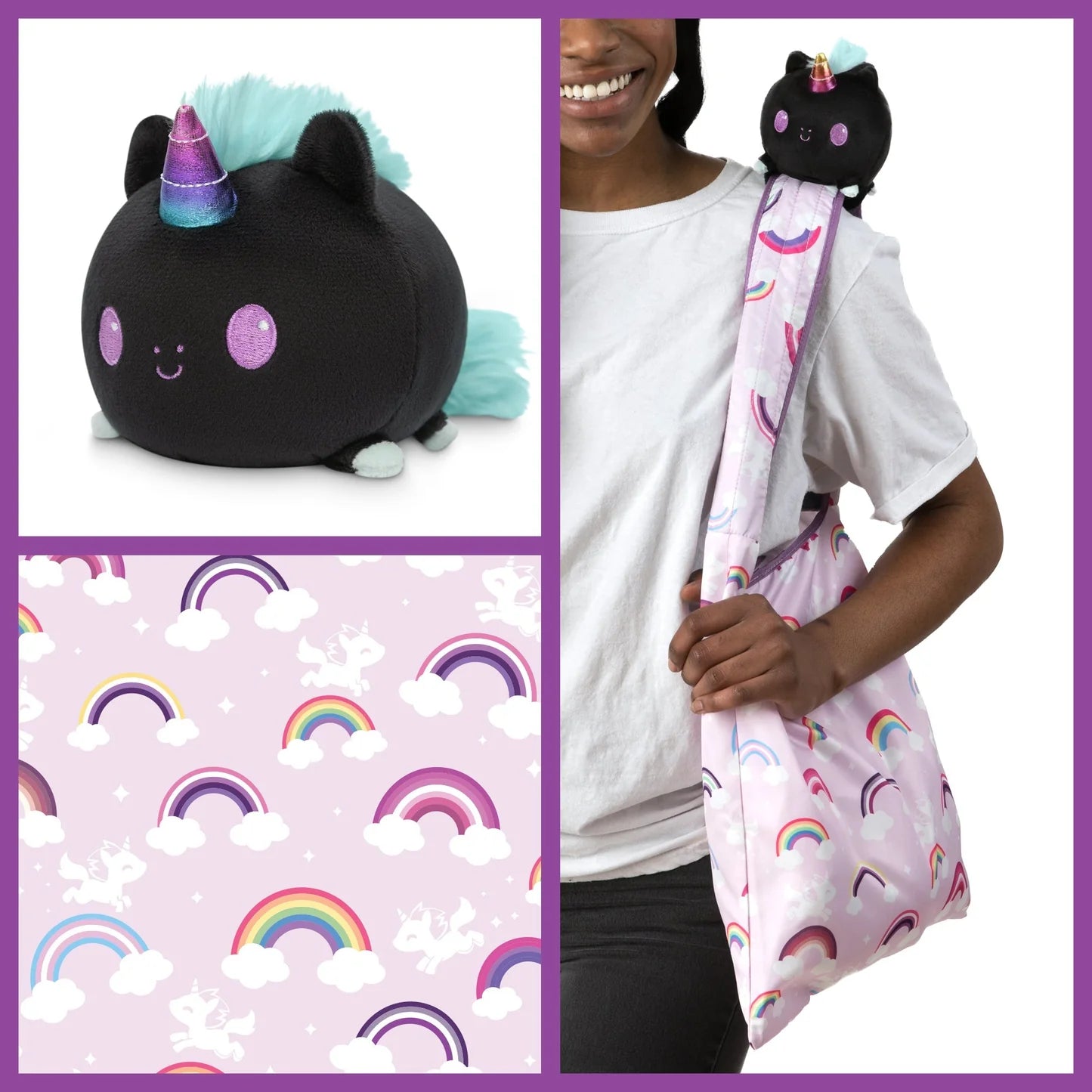 Plushie Tote Bag: Rainbow Tote Bag and Black Unicorn Plushie